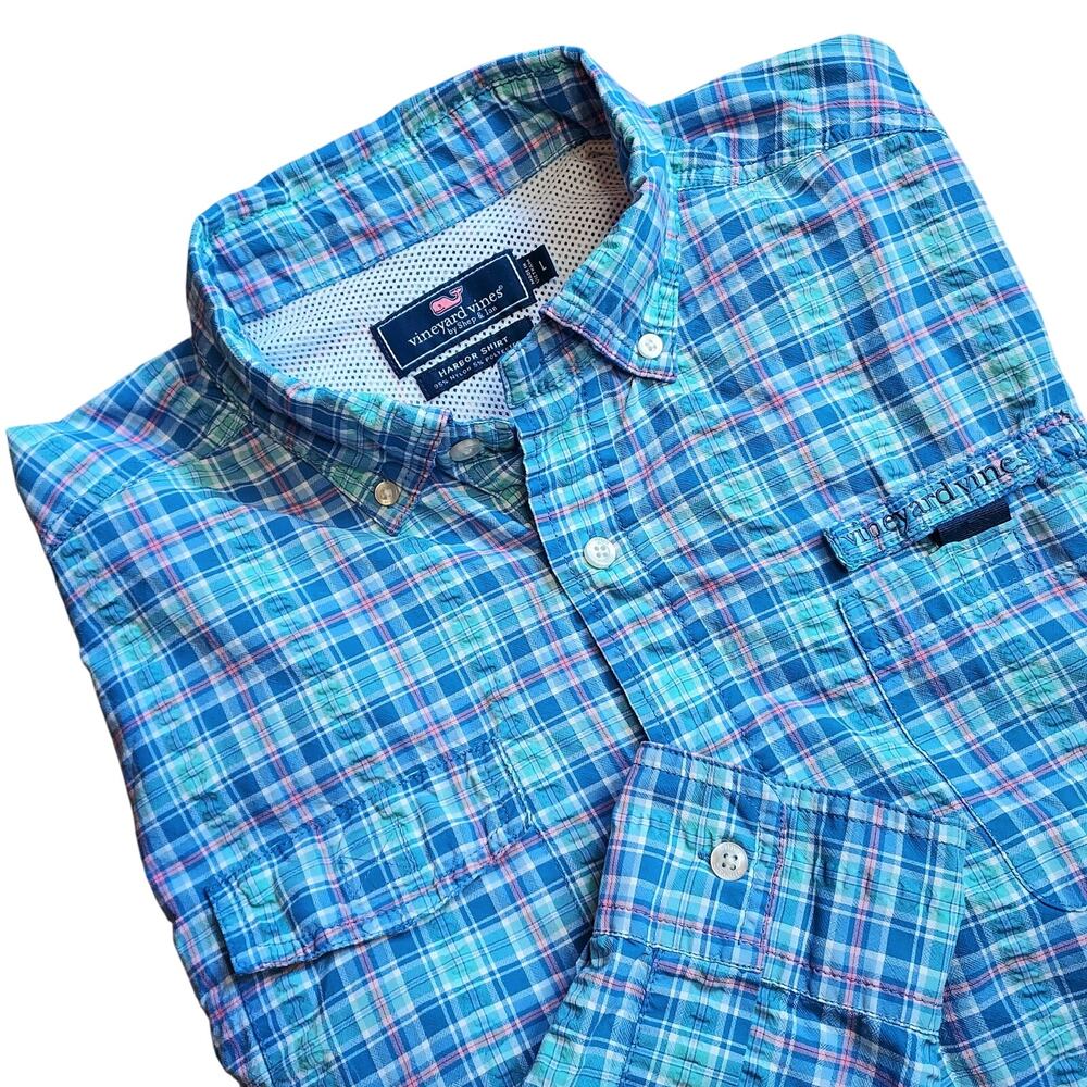 Vineyard Vines Harbor Shirt Vented Performance Fish Hike Blue Green LS Mens Sz L